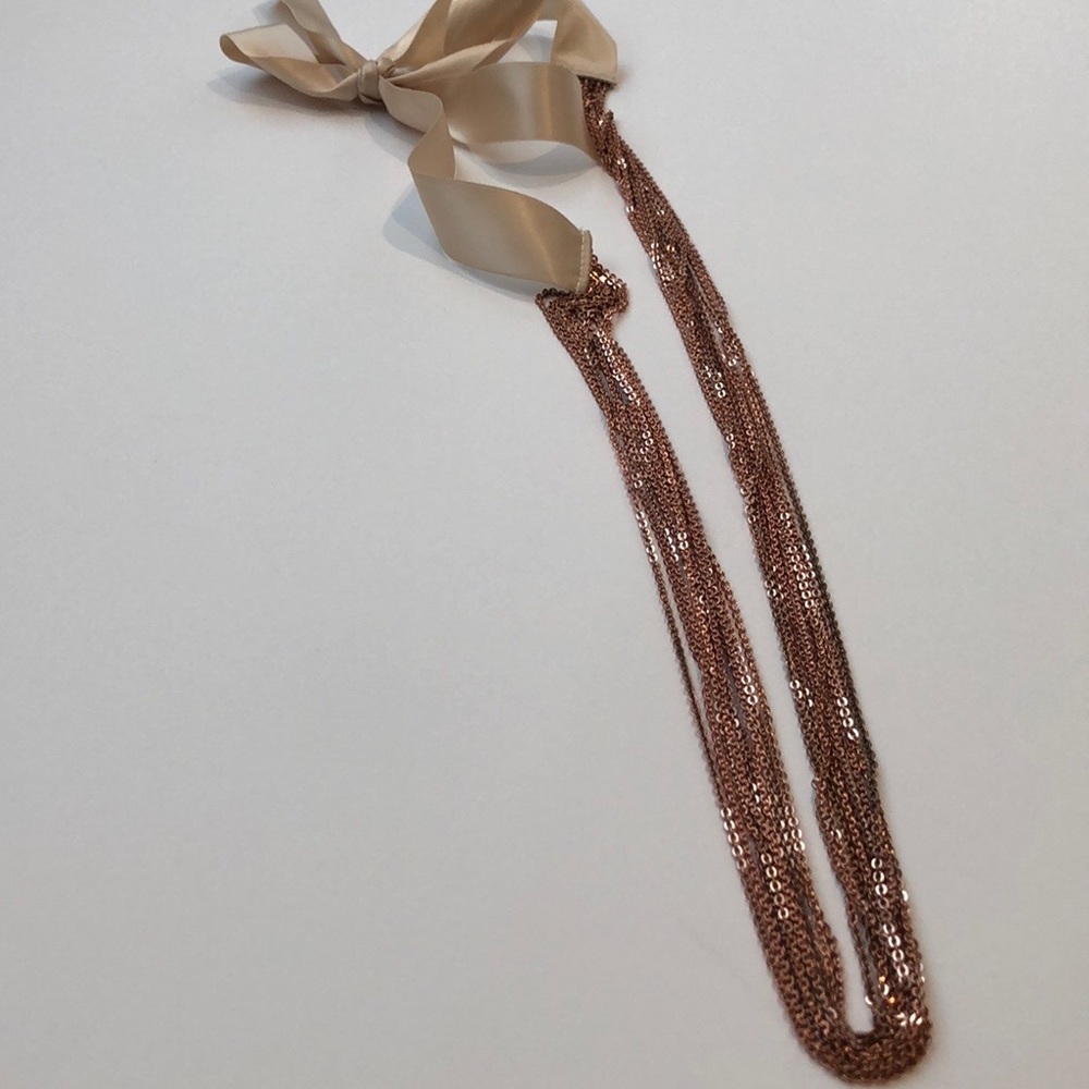 J. Crew Rose Gold Chain Multi-Strand Necklace with Beige Ribbon